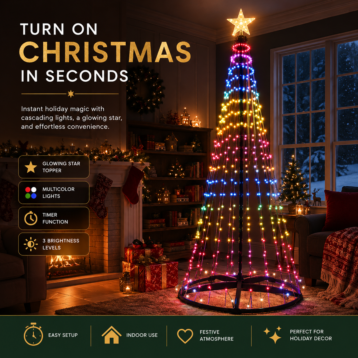7ft Smart Christmas Tree Lights,RGB Color-Changing Light String with 200 LEDs