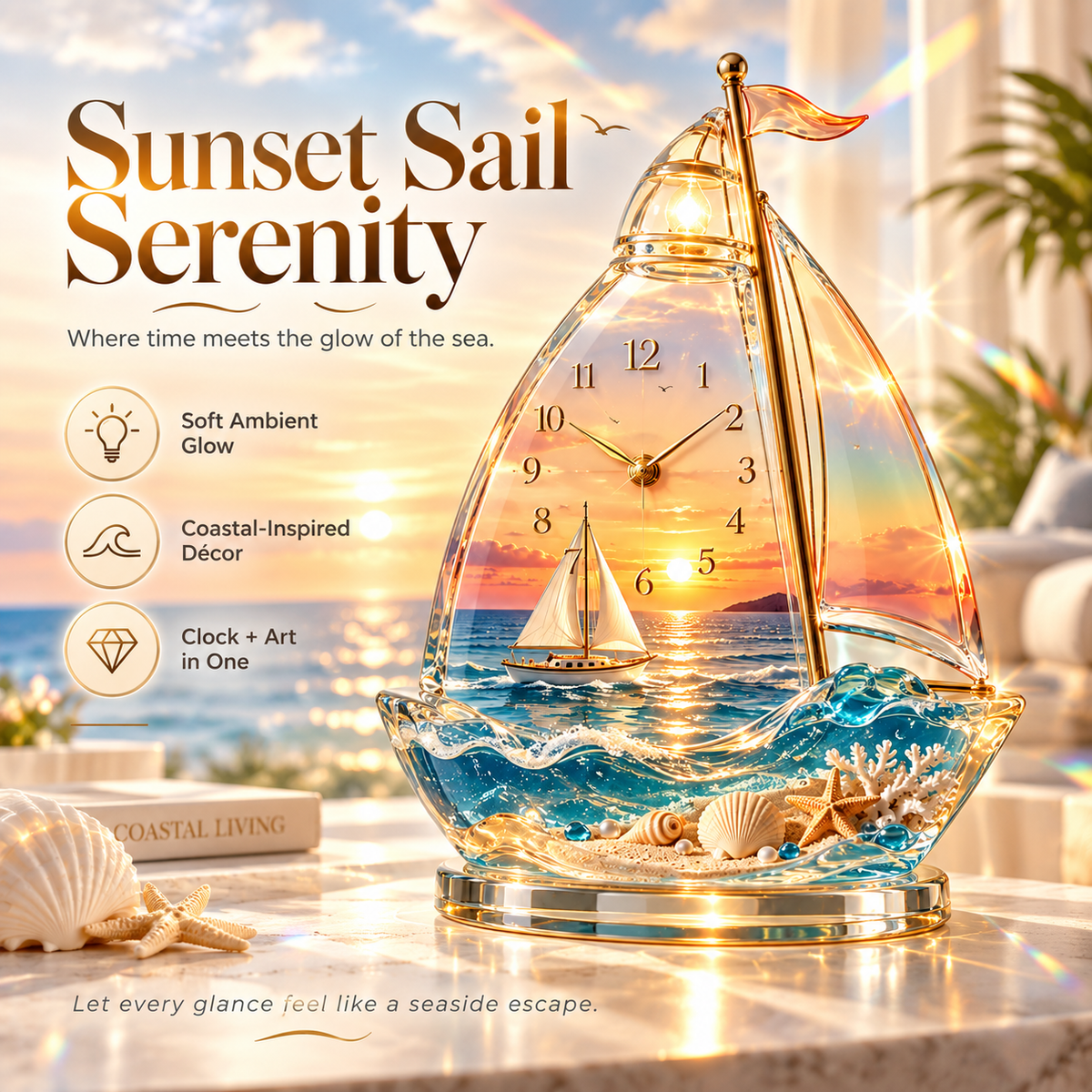 🌊 Coastal Glow Crystal Clock Collection | Sailboat, Shell & Lighthouse