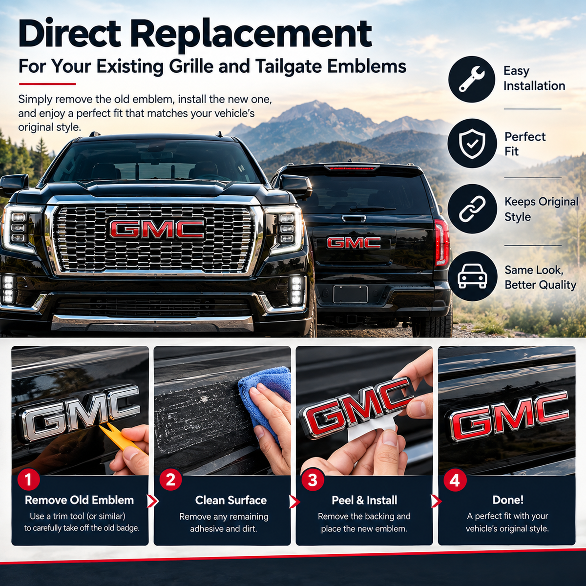 New GMC Grille & Tailgate Emblem Replacement Badge Fits 19-26 Sierra