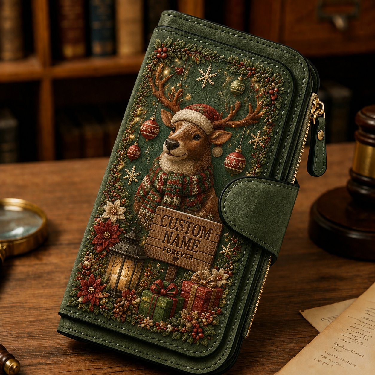 🎄Christmas Wallet🎁| Vintage Faux Leather Zip Clutch Purse, 4 Festive Holiday Designs, Multi-Compartment Christmas Gift for Women and Men