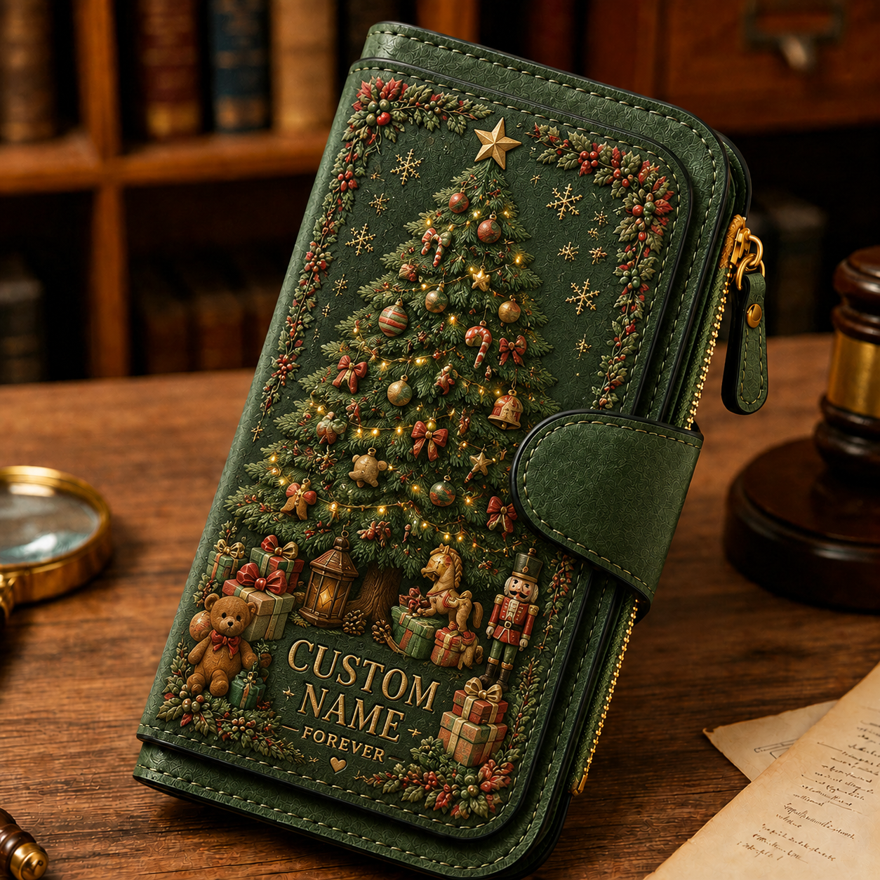 🎄Christmas Wallet🎁| Vintage Faux Leather Zip Clutch Purse, 4 Festive Holiday Designs, Multi-Compartment Christmas Gift for Women and Men