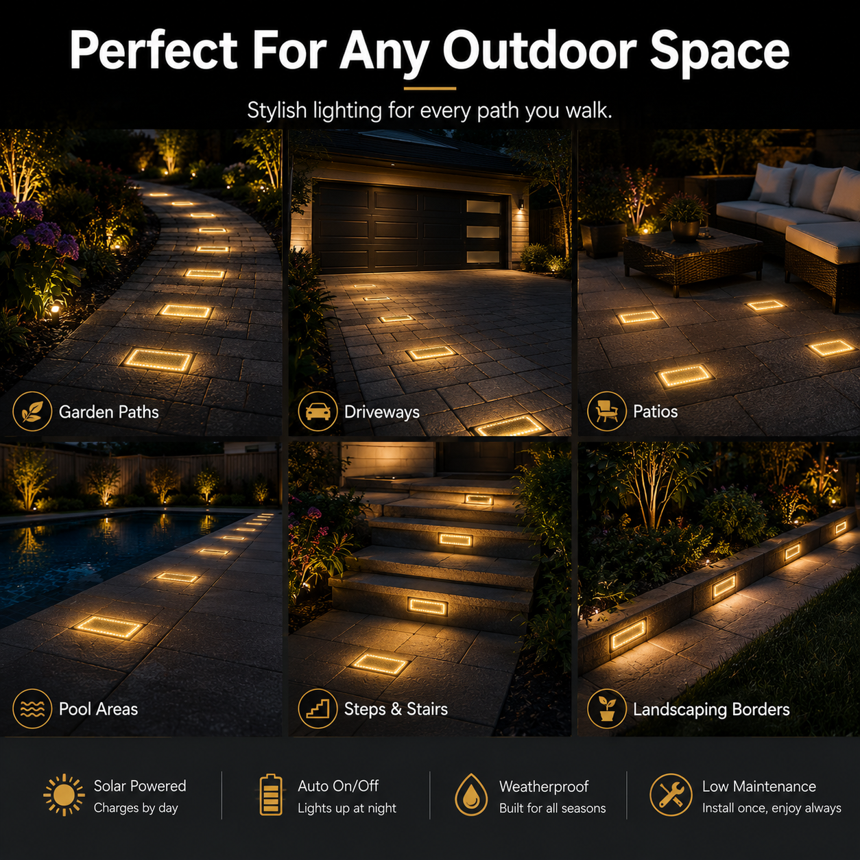 ☀️ Solar Paver Lights 4"×8" – Warm White Recessed Ground Lights for Driveways, Walkways & Patios