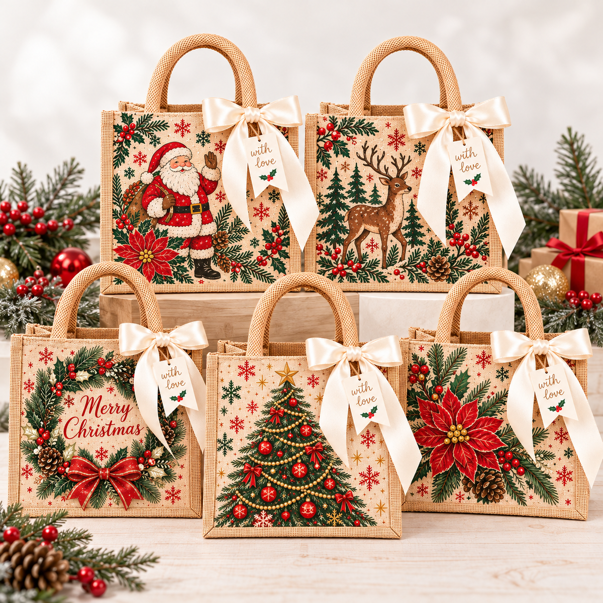 Vintage Christmas Burlap Gift Tote Bag