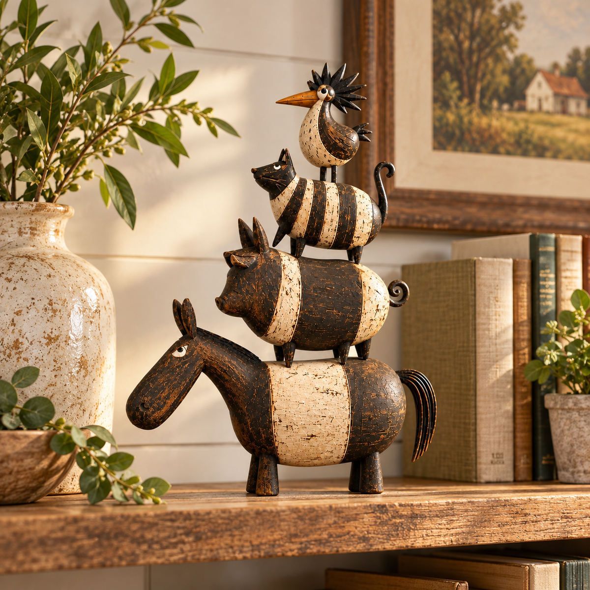 Four Friends Folk Art Stack™ – Rustic Stacked Animal Sculpture for Farmhouse Home Decor