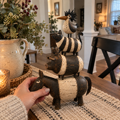 Four Friends Folk Art Stack™ – Rustic Stacked Animal Sculpture for Farmhouse Home Decor