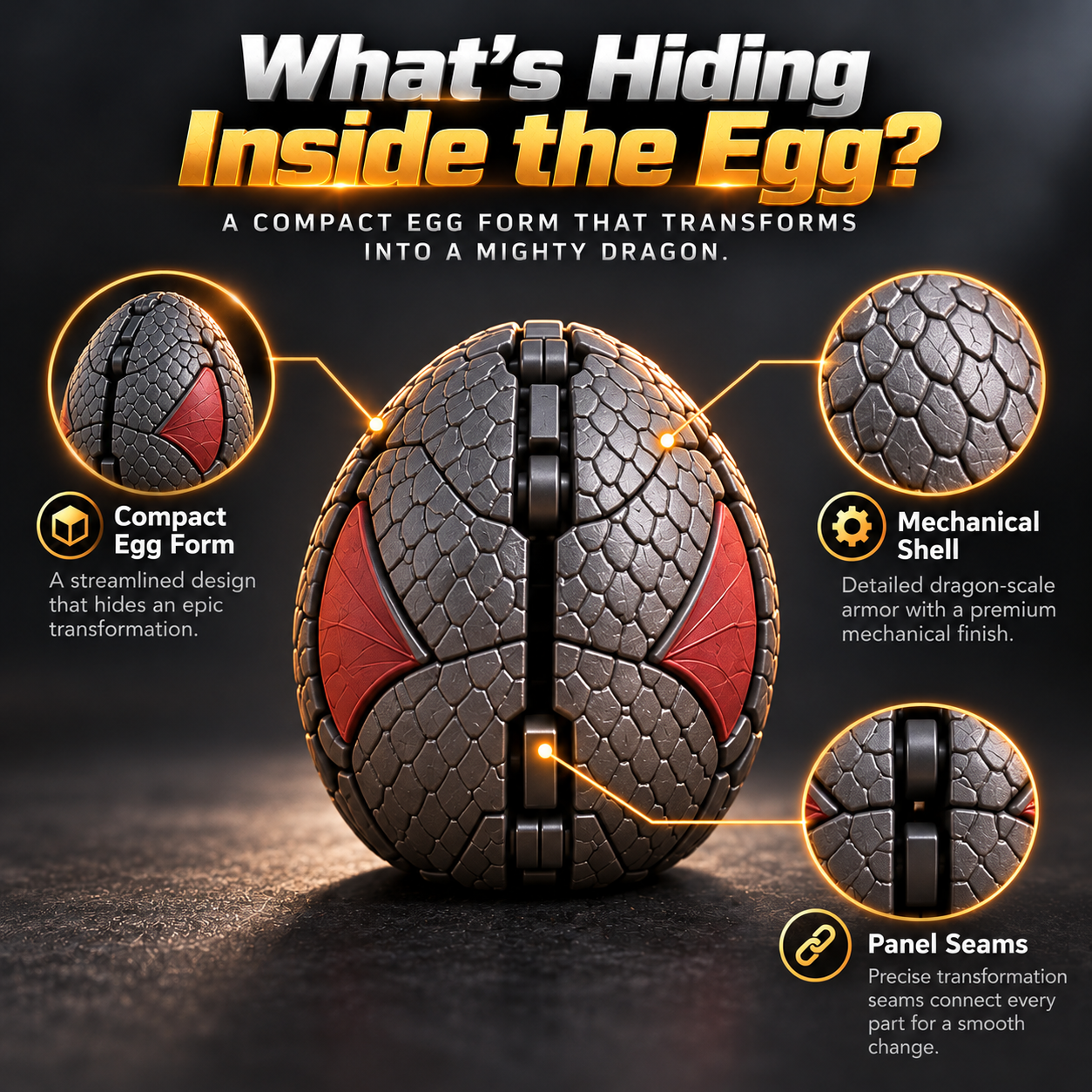 Detailed mechanical dragon egg with scaled shell and transformation seams