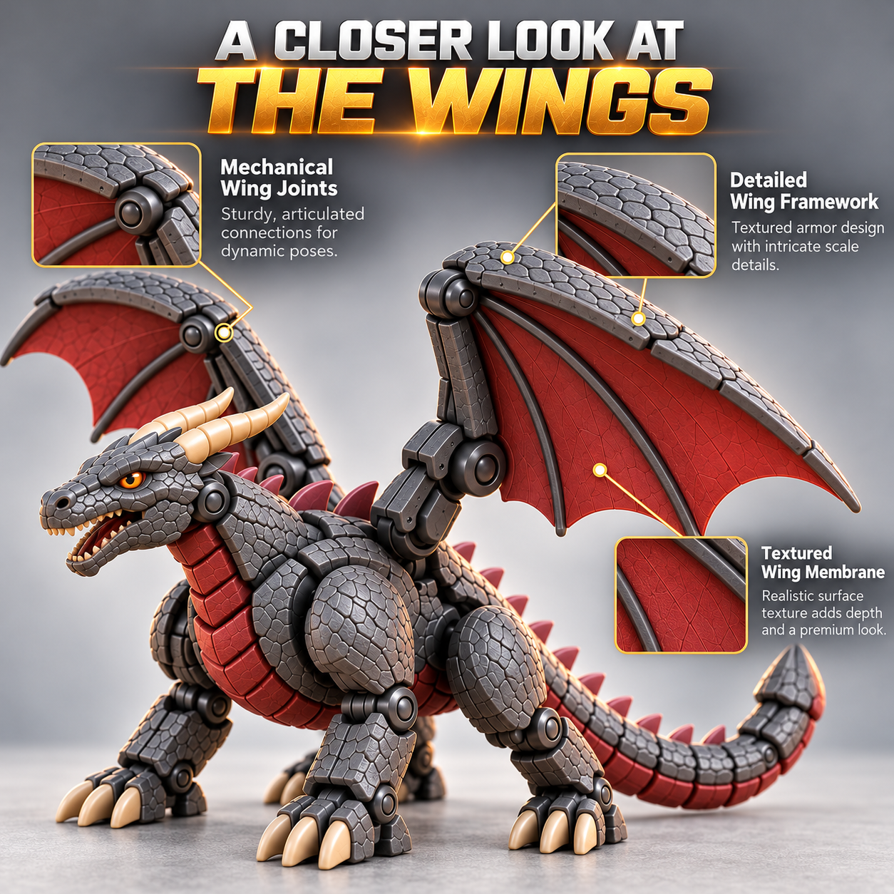 Close-up of Guardian Dragon red mechanical wings and sculpted wing joints