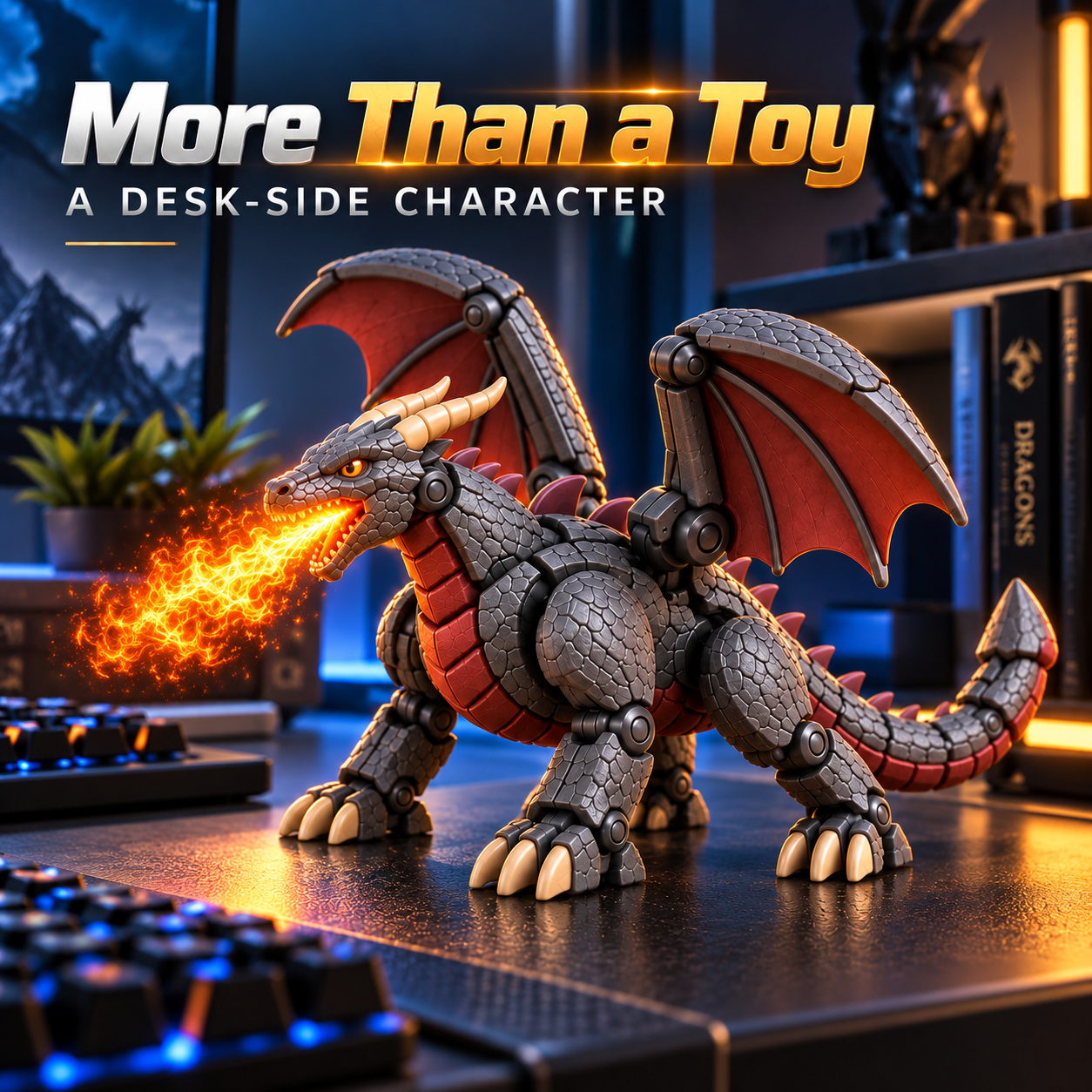 Guardian mechanical dragon displayed beside a computer keyboard