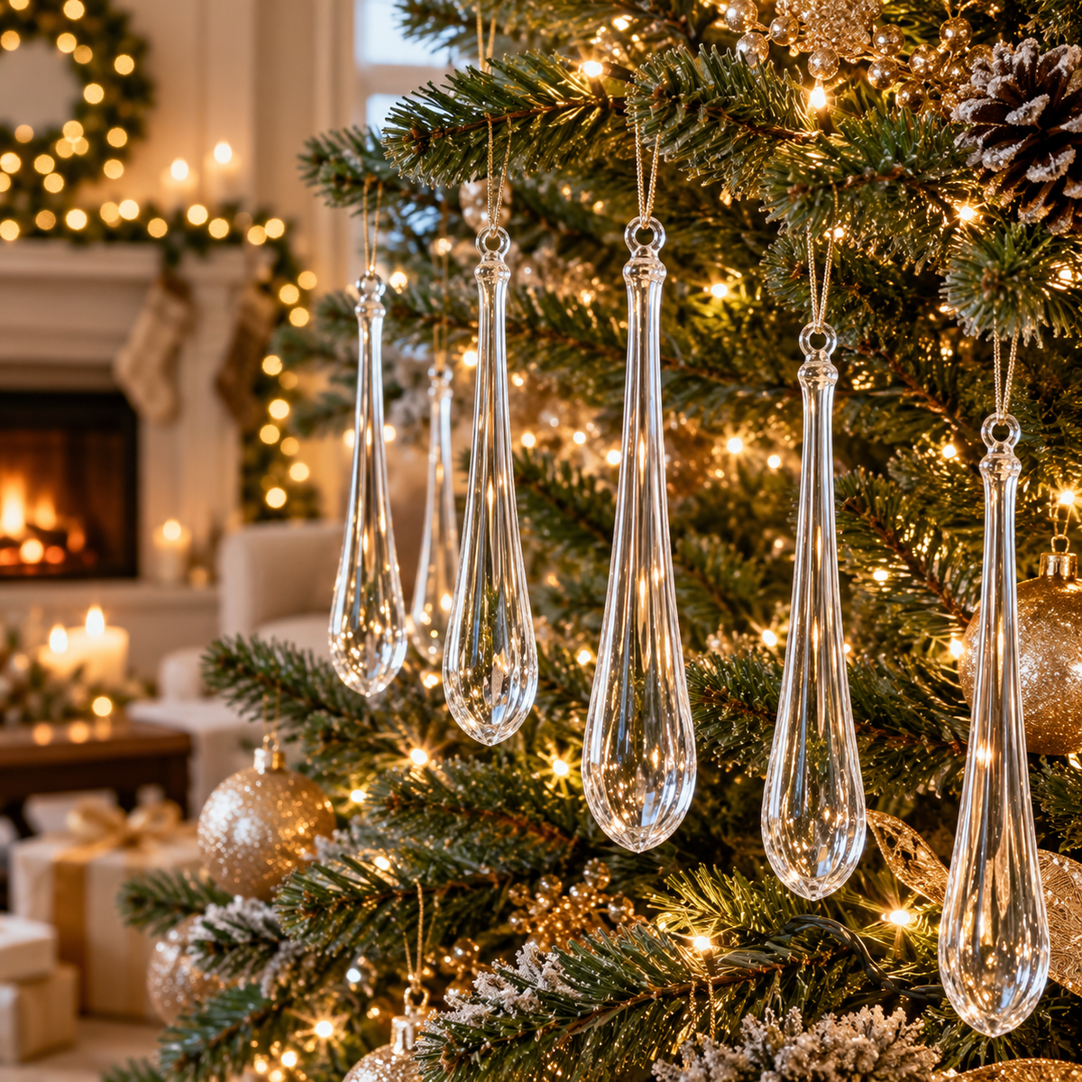24-Piece Glass Icicle Christmas Ornaments – Extra-Long Crystal Teardrop Hanging Decorations for Trees & Holiday Décor