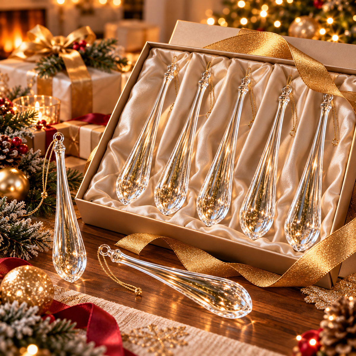 24-Piece Glass Icicle Christmas Ornaments – Extra-Long Crystal Teardrop Hanging Decorations for Trees & Holiday Décor