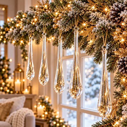 24-Piece Glass Icicle Christmas Ornaments – Extra-Long Crystal Teardrop Hanging Decorations for Trees & Holiday Décor