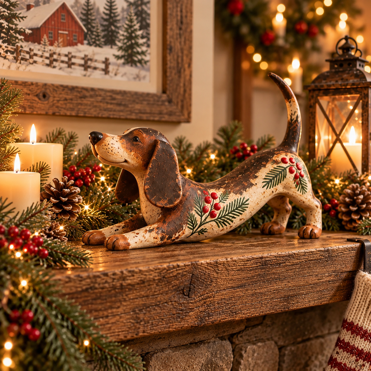 Christmas Dachshund Figurine – Rustic Farmhouse Holiday Dog Decor with Holly & Evergreen Accents