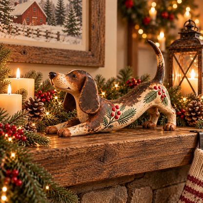 Christmas Dachshund Figurine – Rustic Farmhouse Holiday Dog Decor with Holly & Evergreen Accents