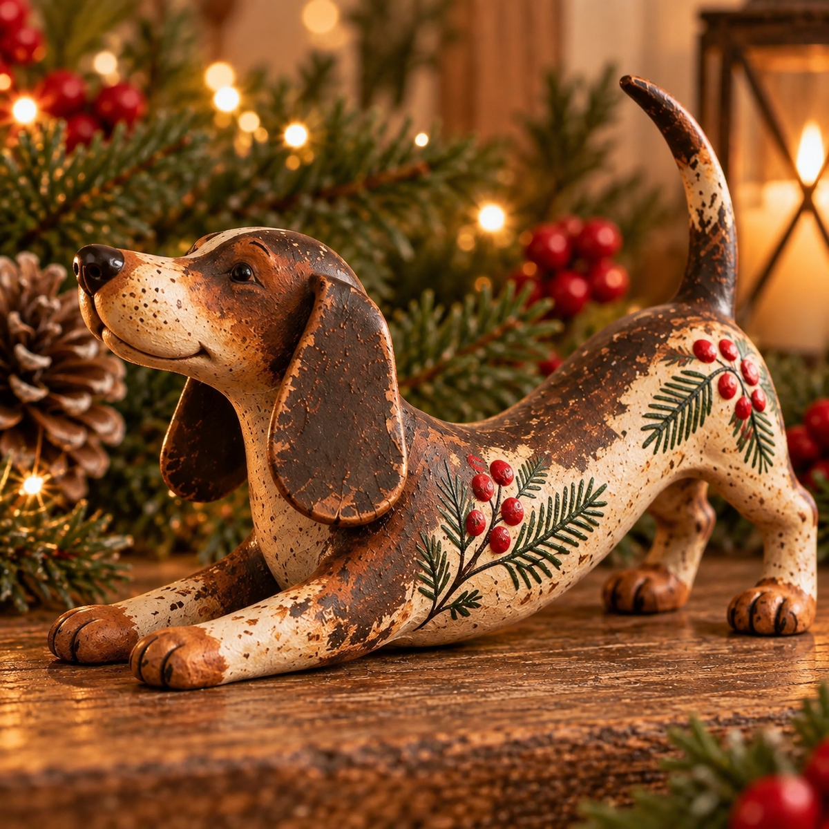 Christmas Dachshund Figurine – Rustic Farmhouse Holiday Dog Decor with Holly & Evergreen Accents