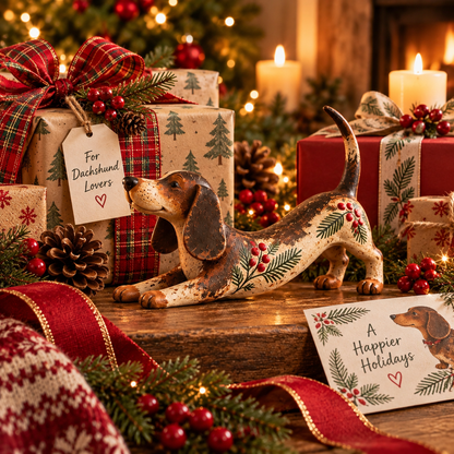 Christmas Dachshund Figurine – Rustic Farmhouse Holiday Dog Decor with Holly & Evergreen Accents