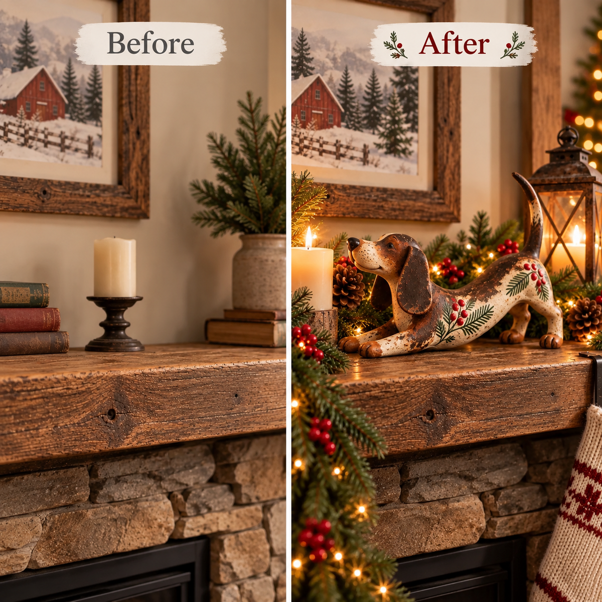 Christmas Dachshund Figurine – Rustic Farmhouse Holiday Dog Decor with Holly & Evergreen Accents