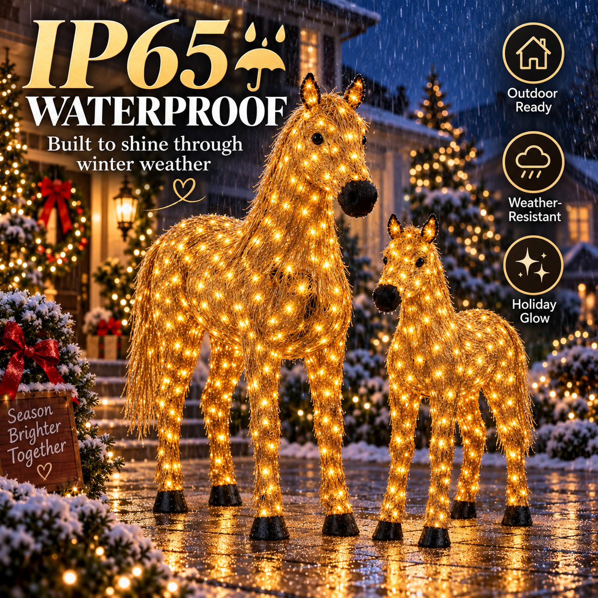 ✨🐎 Light-Up Christmas Horse & Foal Set – Warm White LED Holiday Display