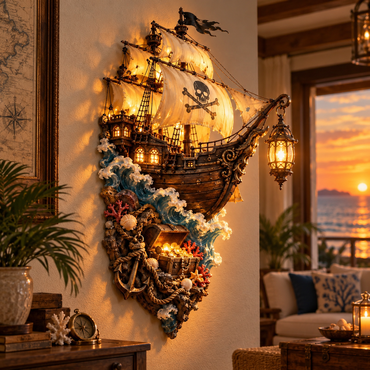 🏴‍☠️⛵🔥 Illuminated Pirate Ship Wall Lantern | Glowing Ghost Ship & Treasure Chest Sculpture, Nautical Fantasy Coastal Wall Décor