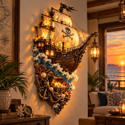 🏴‍☠️⛵🔥 Illuminated Pirate Ship Wall Lantern | Glowing Ghost Ship & Treasure Chest Sculpture, Nautical Fantasy Coastal Wall Décor