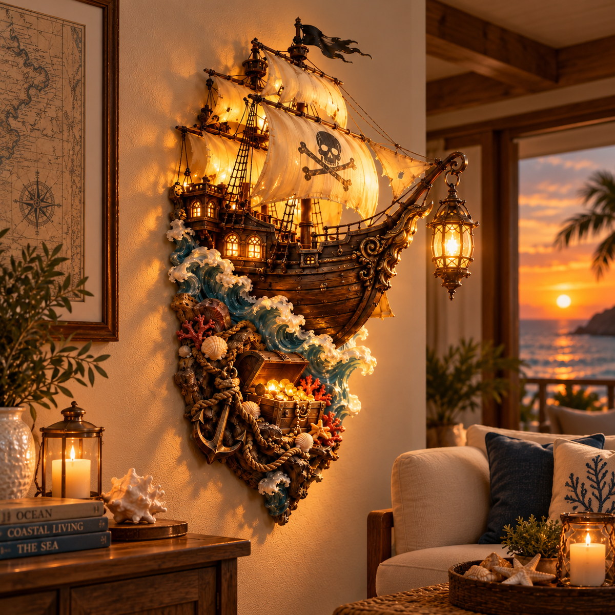 🏴‍☠️⛵🔥 Illuminated Pirate Ship Wall Lantern | Glowing Ghost Ship & Treasure Chest Sculpture, Nautical Fantasy Coastal Wall Décor