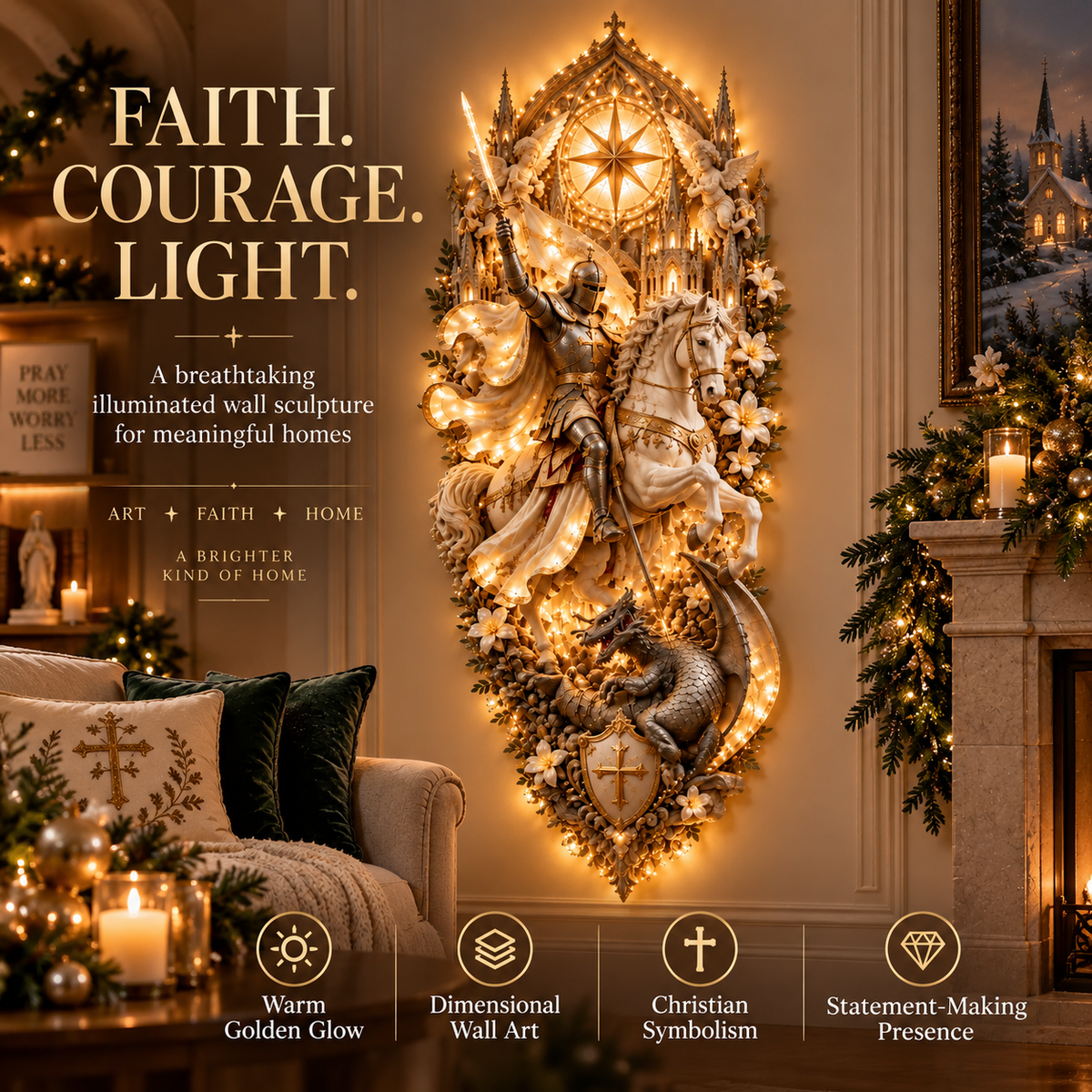 ⚔️✨ Saint George & the Dragon Lighted Wall Sculpture | Illuminated Christian Knight Wall Art, Faith & Courage Décor