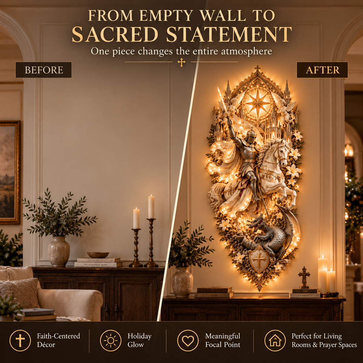 ⚔️✨ Saint George & the Dragon Lighted Wall Sculpture | Illuminated Christian Knight Wall Art, Faith & Courage Décor