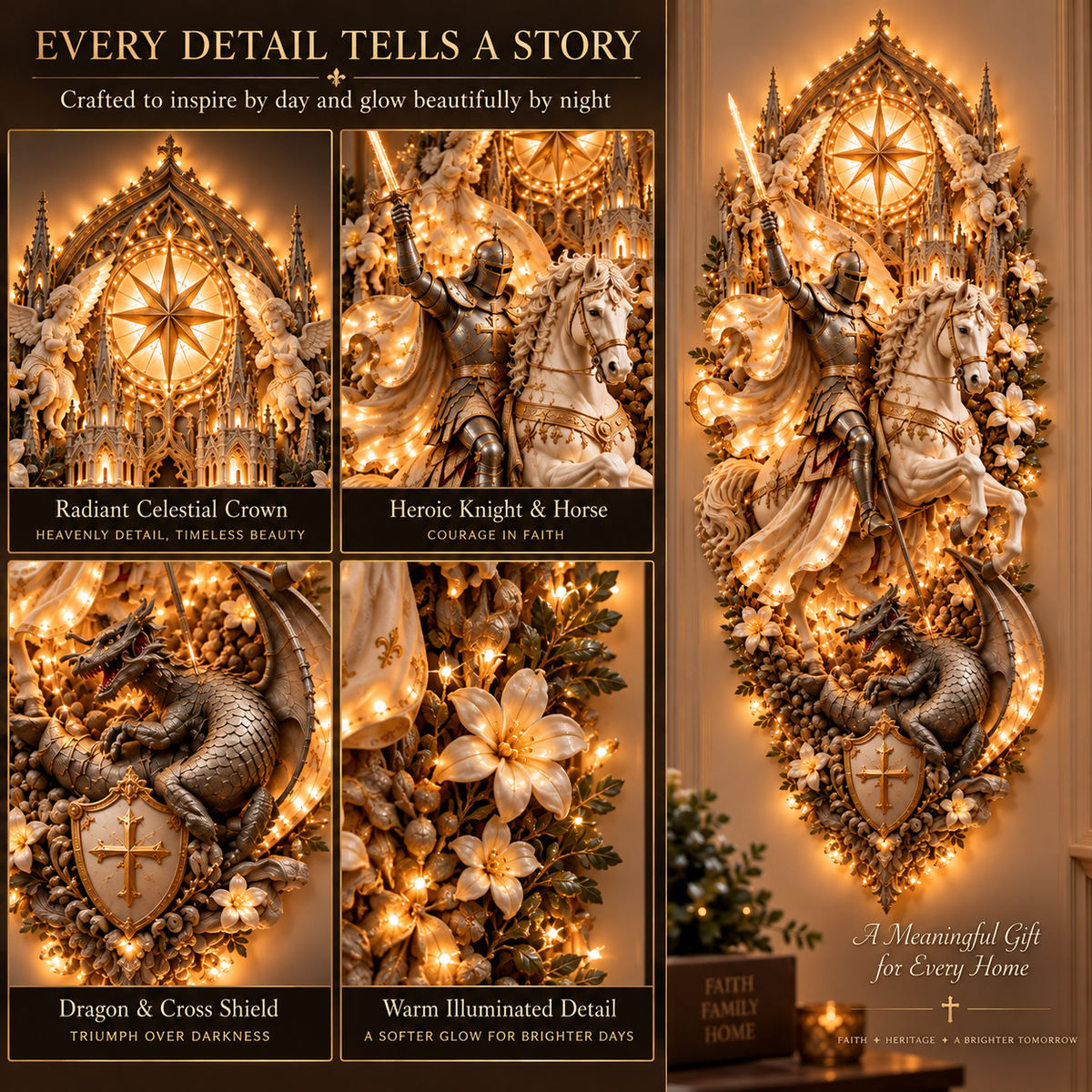⚔️✨ Saint George & the Dragon Lighted Wall Sculpture | Illuminated Christian Knight Wall Art, Faith & Courage Décor