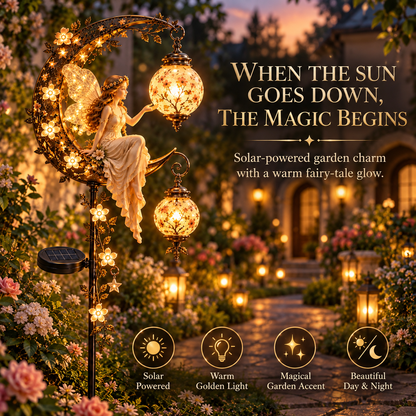 🧚‍♀️🌙 Enchanted Moon Fairy Solar Garden Light | Floral Crescent Lantern Stake, Magical Outdoor Décor & Fairy Garden Accent
