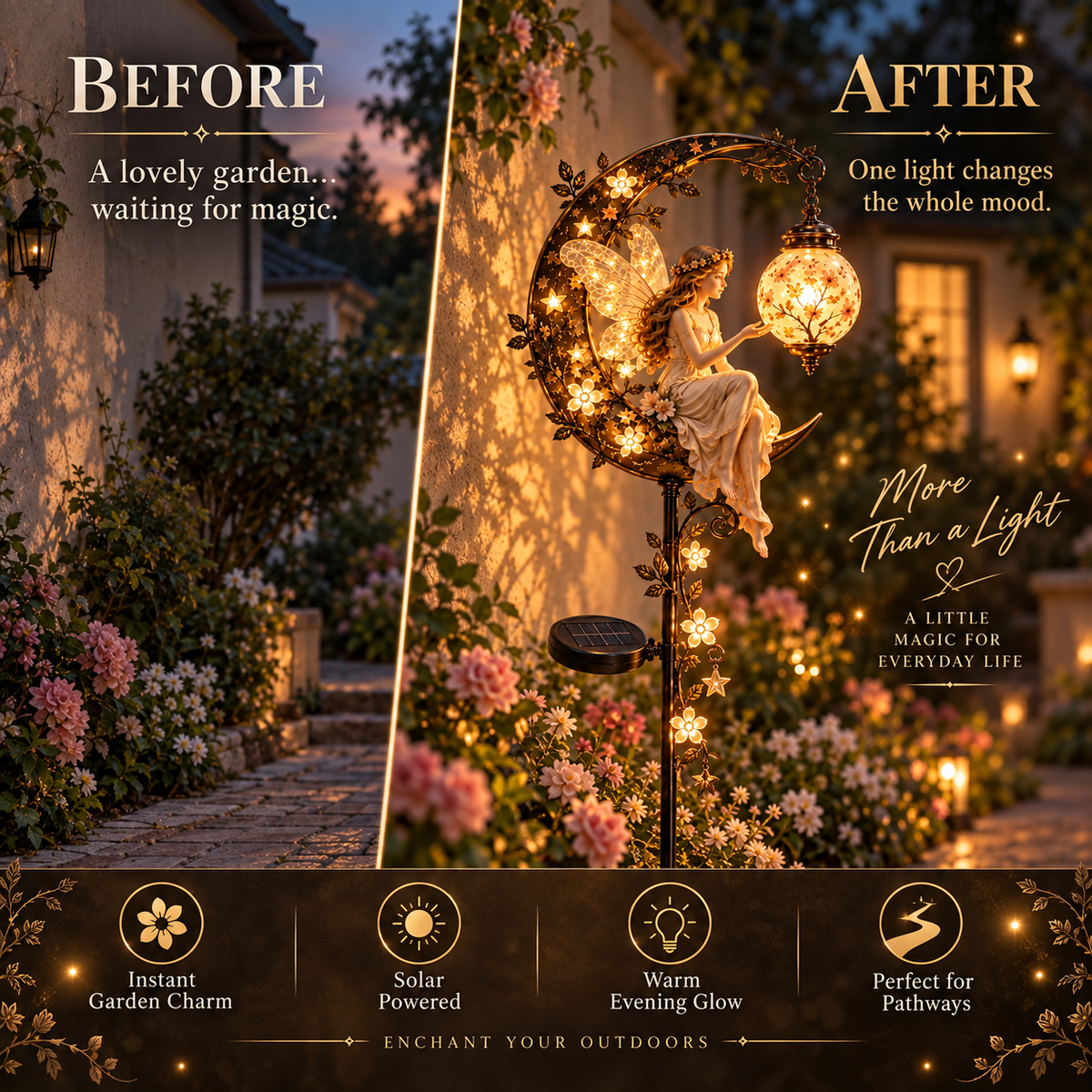 🧚‍♀️🌙 Enchanted Moon Fairy Solar Garden Light | Floral Crescent Lantern Stake, Magical Outdoor Décor & Fairy Garden Accent