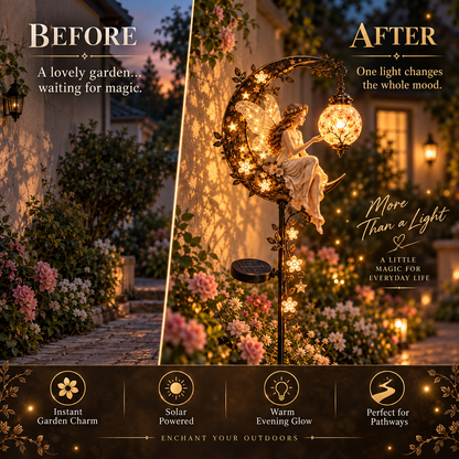 🧚‍♀️🌙 Enchanted Moon Fairy Solar Garden Light | Floral Crescent Lantern Stake, Magical Outdoor Décor & Fairy Garden Accent