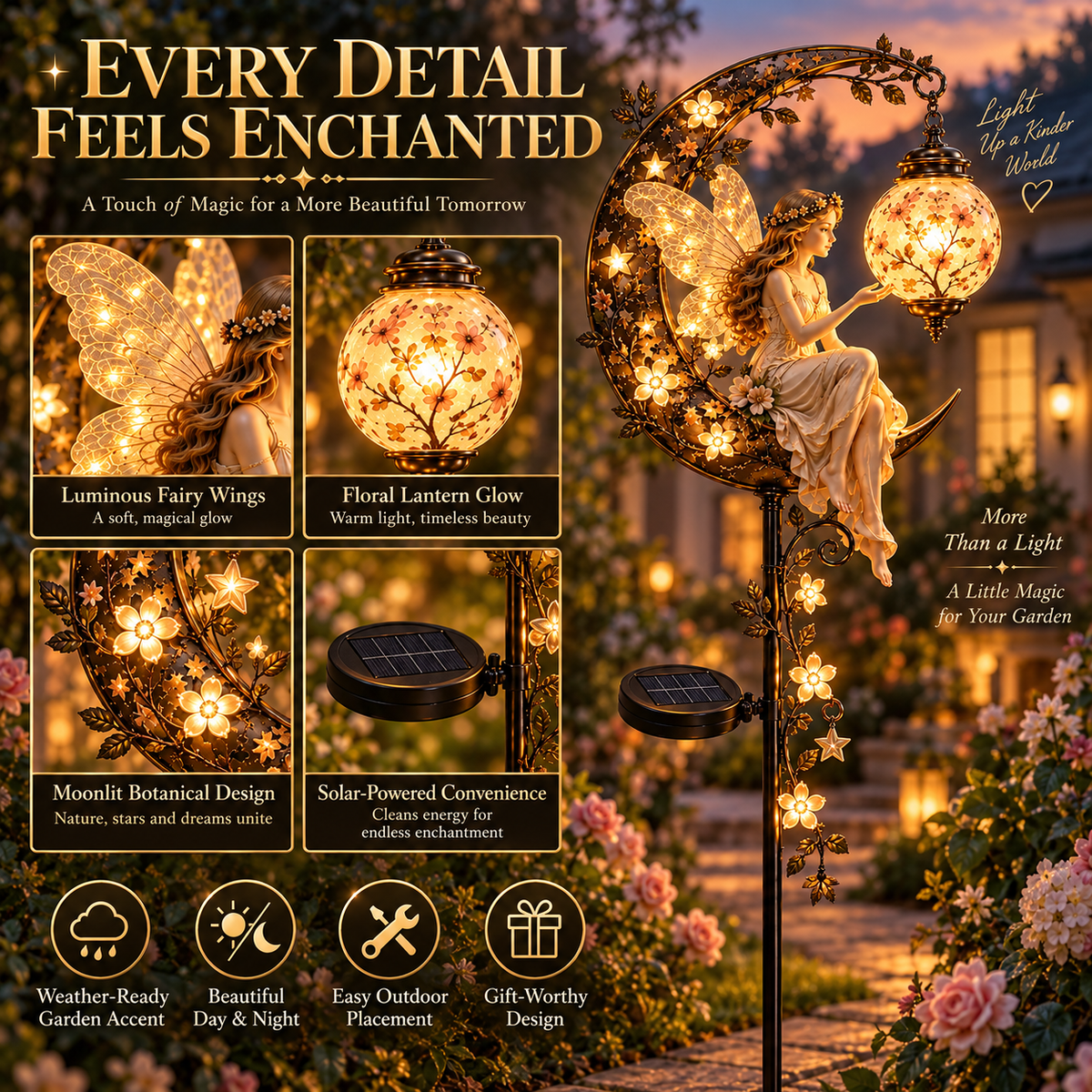 🧚‍♀️🌙 Enchanted Moon Fairy Solar Garden Light | Floral Crescent Lantern Stake, Magical Outdoor Décor & Fairy Garden Accent
