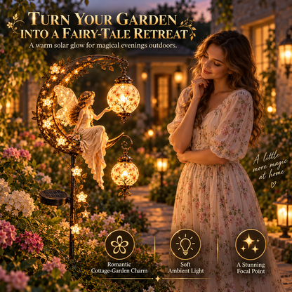 🧚‍♀️🌙 Enchanted Moon Fairy Solar Garden Light | Floral Crescent Lantern Stake, Magical Outdoor Décor & Fairy Garden Accent
