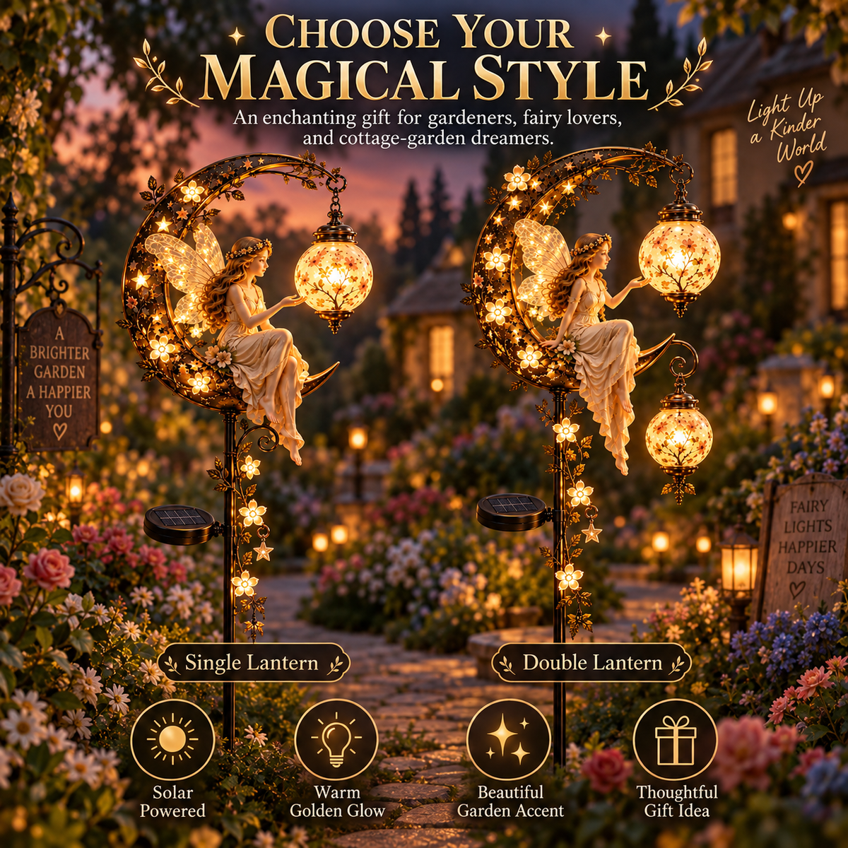 🧚‍♀️🌙 Enchanted Moon Fairy Solar Garden Light | Floral Crescent Lantern Stake, Magical Outdoor Décor & Fairy Garden Accent