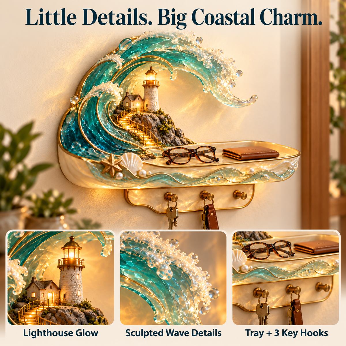 🌊 Coastal Glow Lighthouse Wall Shelf – ✨ Lighted Ocean Wave Decor with Storage Tray & Key Hooks
