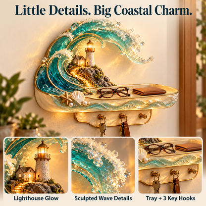 🌊 Coastal Glow Lighthouse Wall Shelf – ✨ Lighted Ocean Wave Decor with Storage Tray & Key Hooks