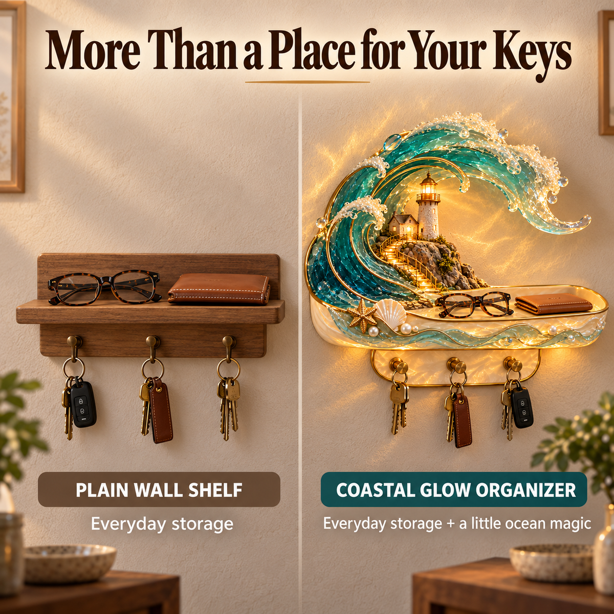 🌊 Coastal Glow Lighthouse Wall Shelf – ✨ Lighted Ocean Wave Decor with Storage Tray & Key Hooks