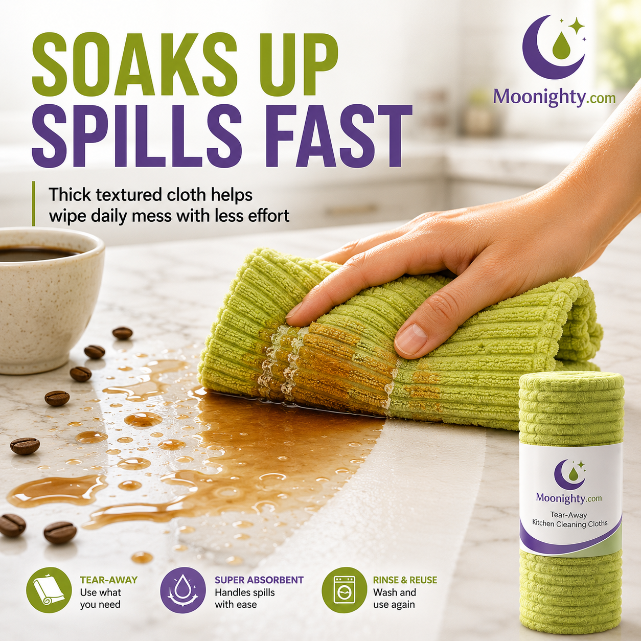 🍃 Bamboo Fiber Cleaning Cloth Roll – Thick Absorbent Tear-Off Kitchen Towels for Grease, Spills & Everyday Cleaning