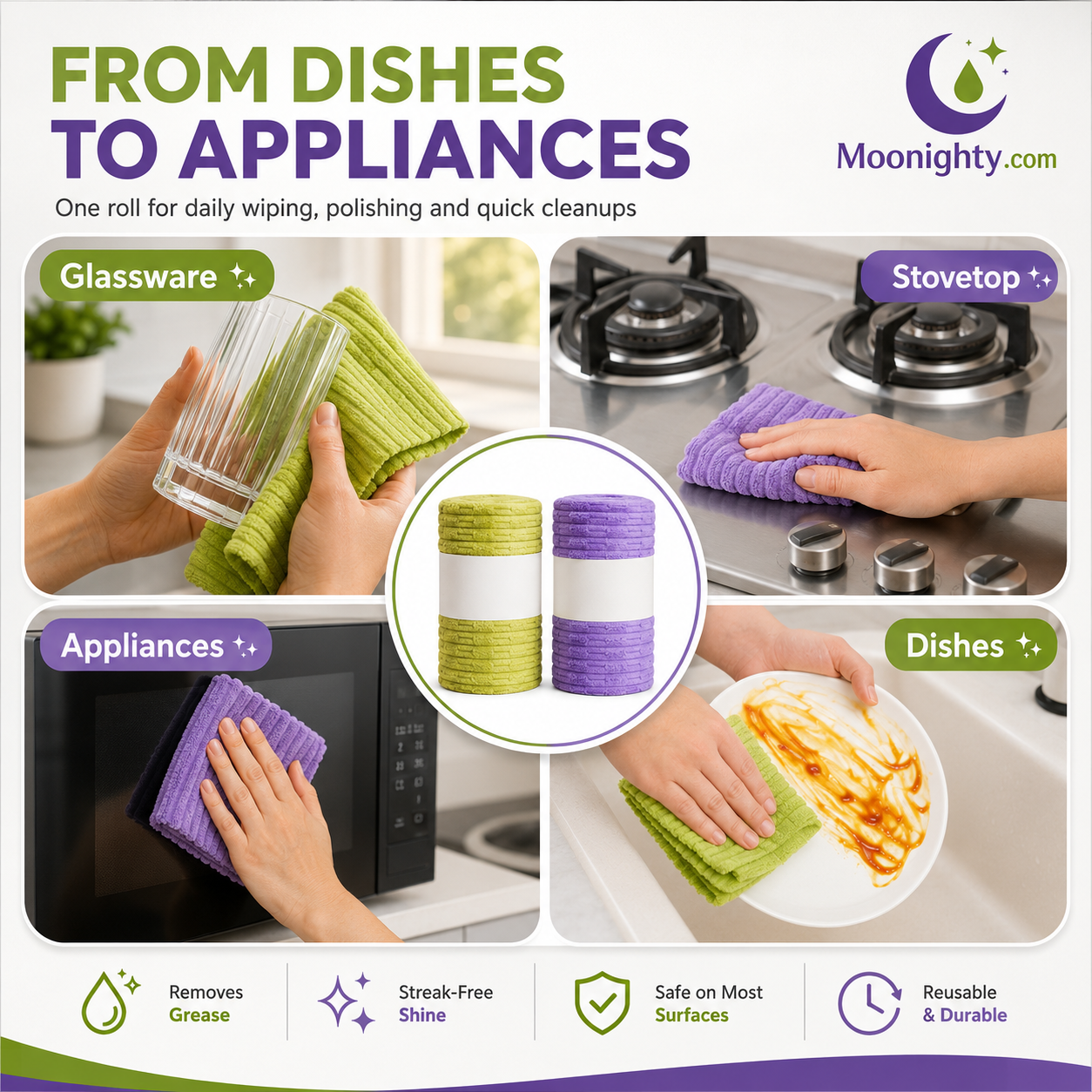 🍃 Bamboo Fiber Cleaning Cloth Roll – Thick Absorbent Tear-Off Kitchen Towels for Grease, Spills & Everyday Cleaning