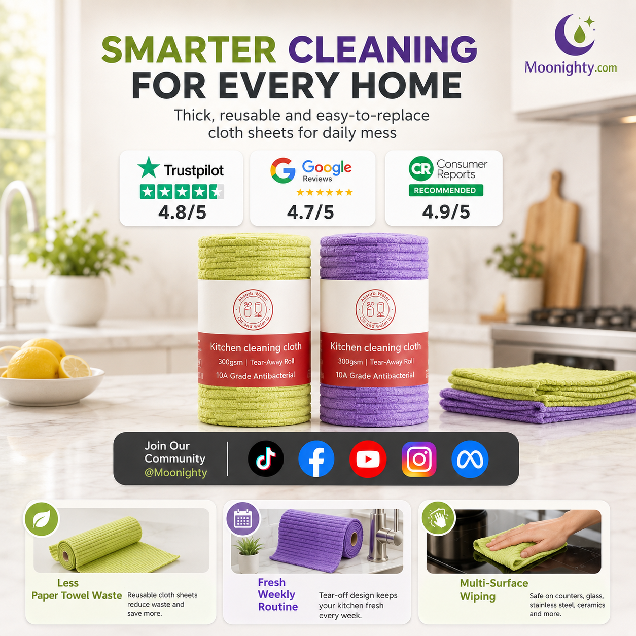 🍃 Bamboo Fiber Cleaning Cloth Roll – Thick Absorbent Tear-Off Kitchen Towels for Grease, Spills & Everyday Cleaning
