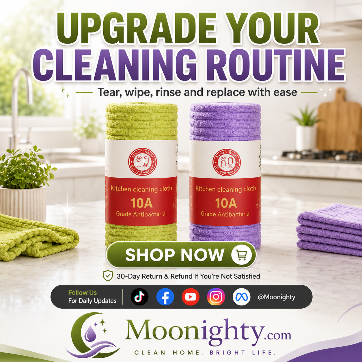 🍃 Bamboo Fiber Cleaning Cloth Roll – Thick Absorbent Tear-Off Kitchen Towels for Grease, Spills & Everyday Cleaning