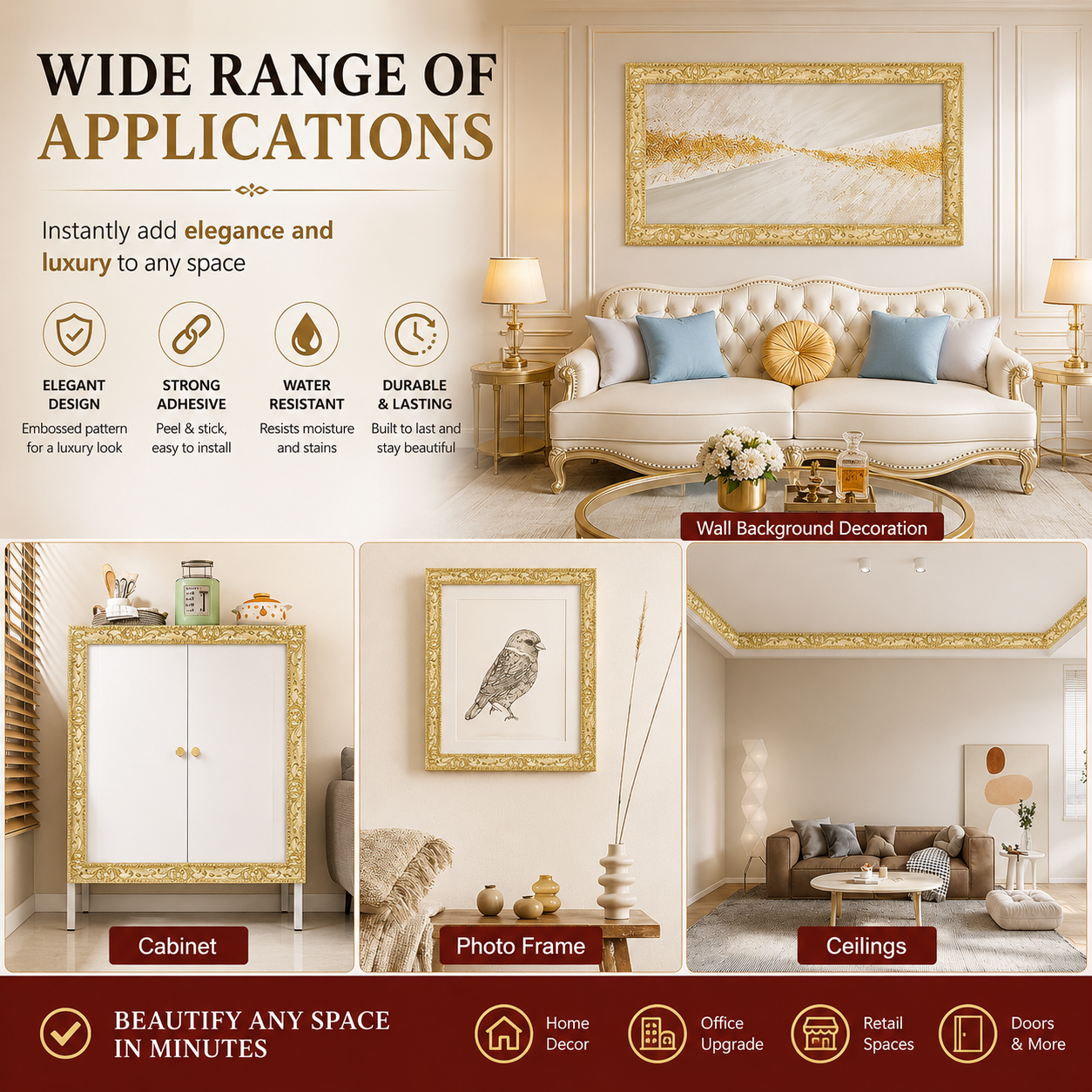 Self-Adhesive Decorative Molding Trim – Flexible Peel-and-Stick Wall & Furniture Border