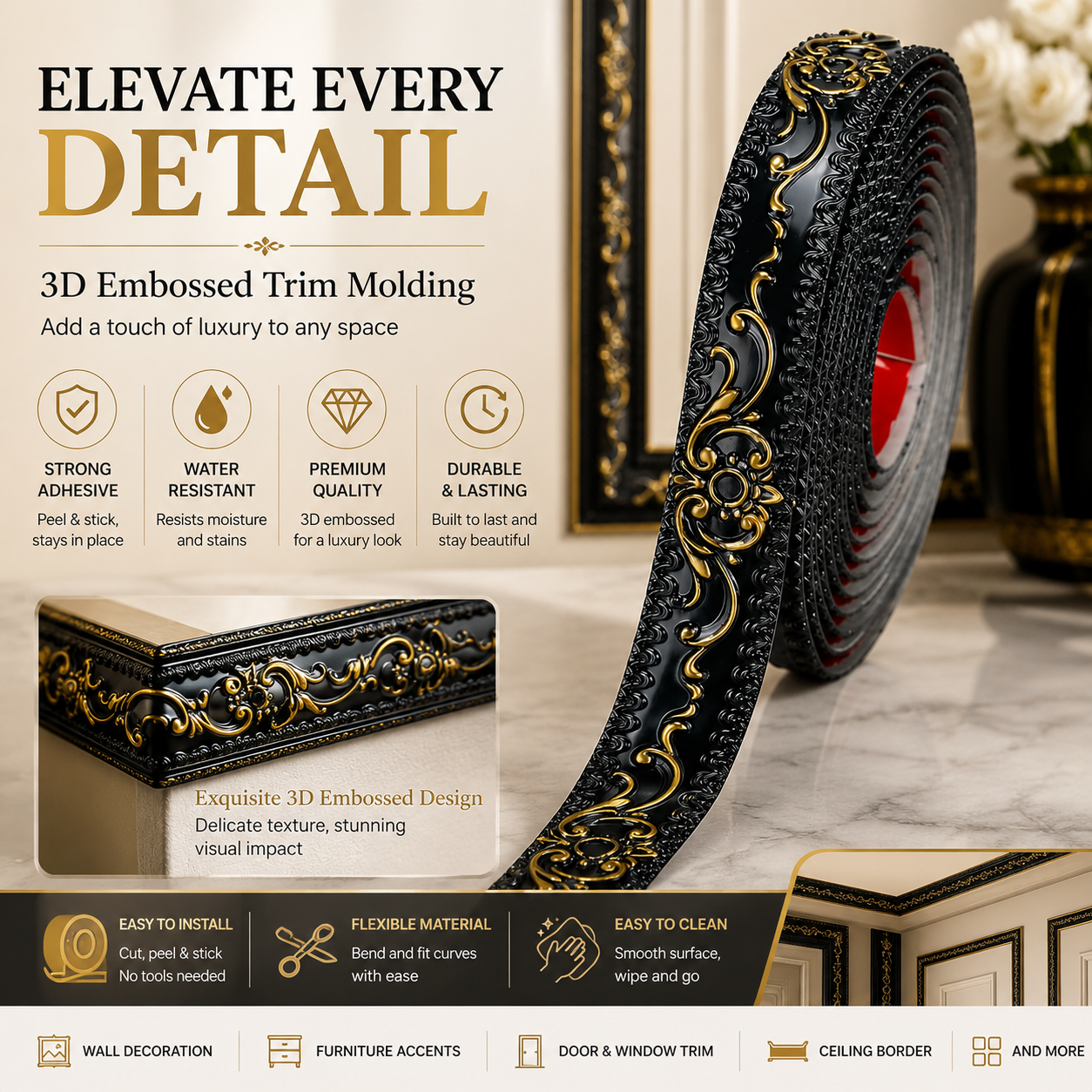 Self-Adhesive Decorative Molding Trim – Flexible Peel-and-Stick Wall & Furniture Border