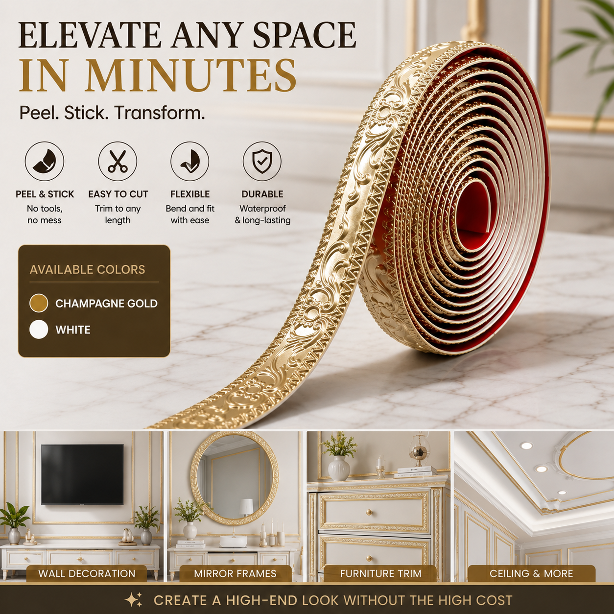 Self-Adhesive Decorative Molding Trim – Flexible Peel-and-Stick Wall & Furniture Border