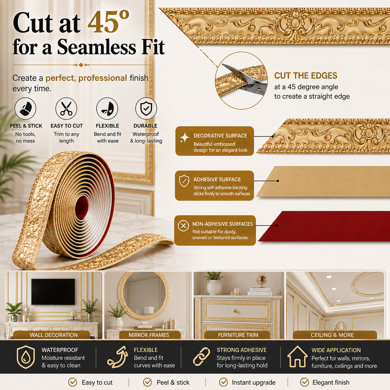 Self-Adhesive Decorative Molding Trim – Flexible Peel-and-Stick Wall & Furniture Border