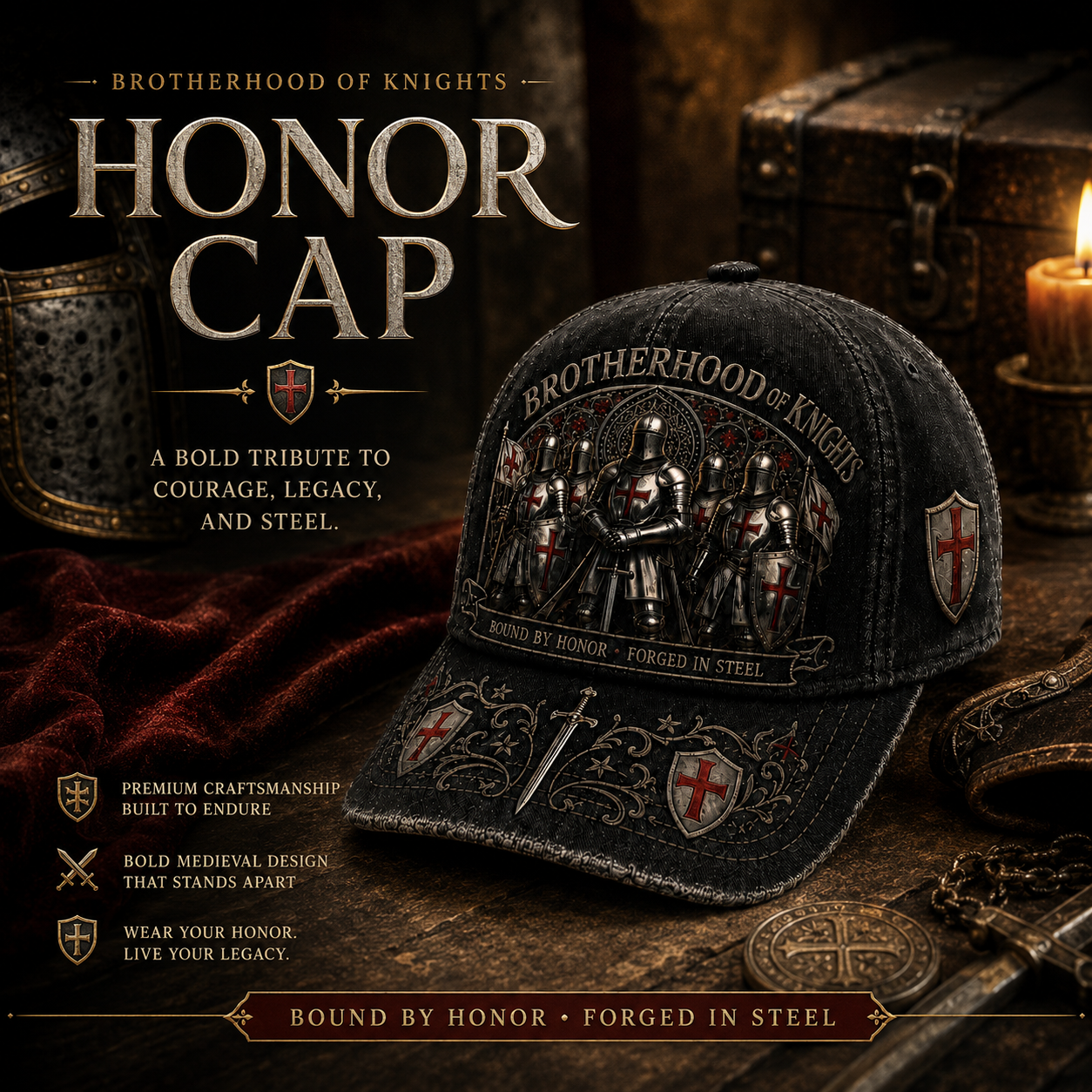 ⚔️ Bound By Honor Forged In Steel – Knights Templar Cap 🎁 Free Honor Coin With Every Cap Purchase