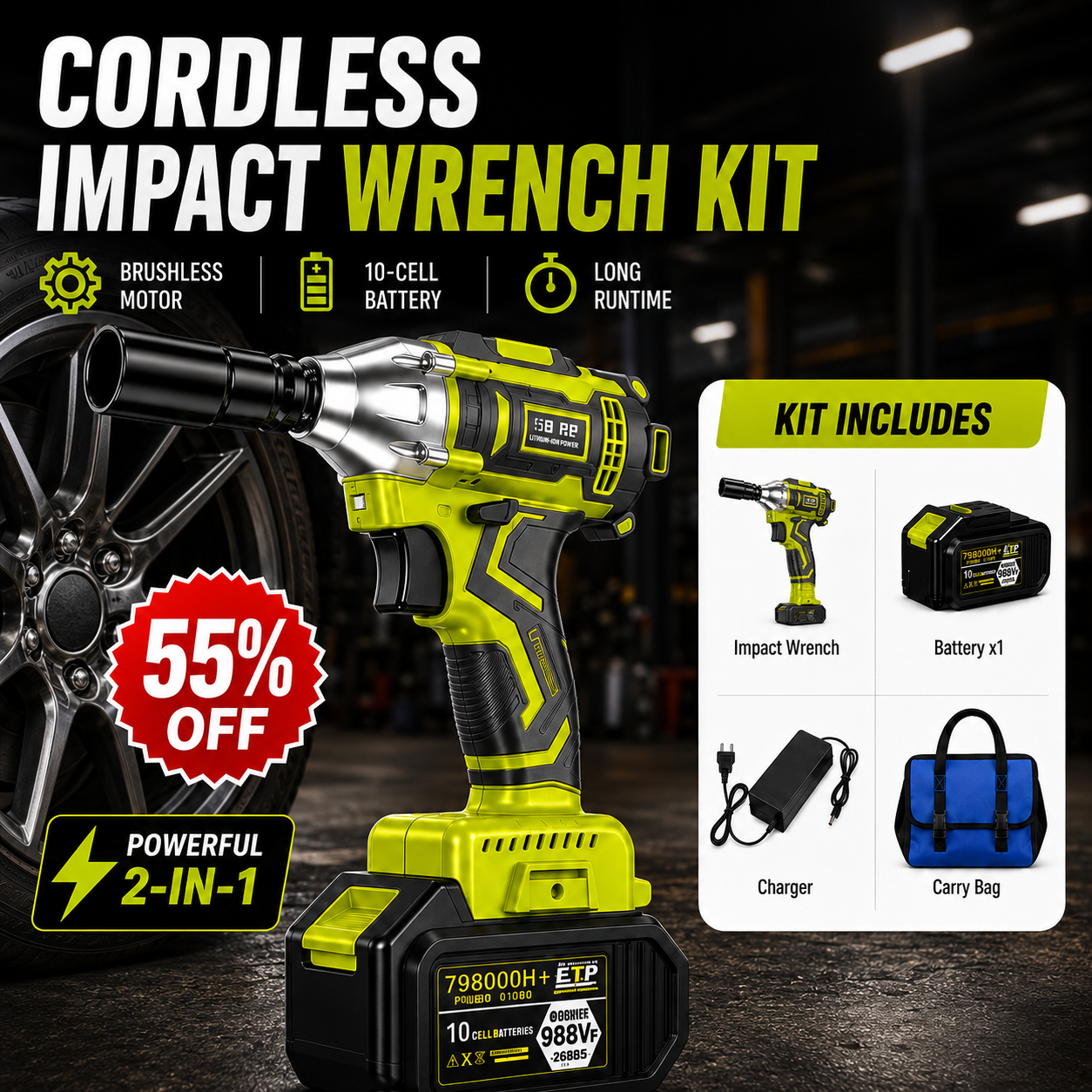 🔥50% OFF TODAY⚡ 2-in-1 Brushless Cordless Impact Wrench Kit