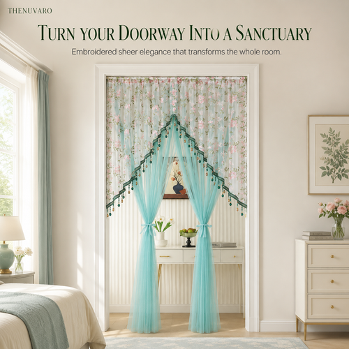 🎀 Extra-Wide Embroidered Beaded Doorway Curtain – Romantic Sheer Tie-Back Divider