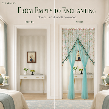 🎀 Extra-Wide Embroidered Beaded Doorway Curtain – Romantic Sheer Tie-Back Divider