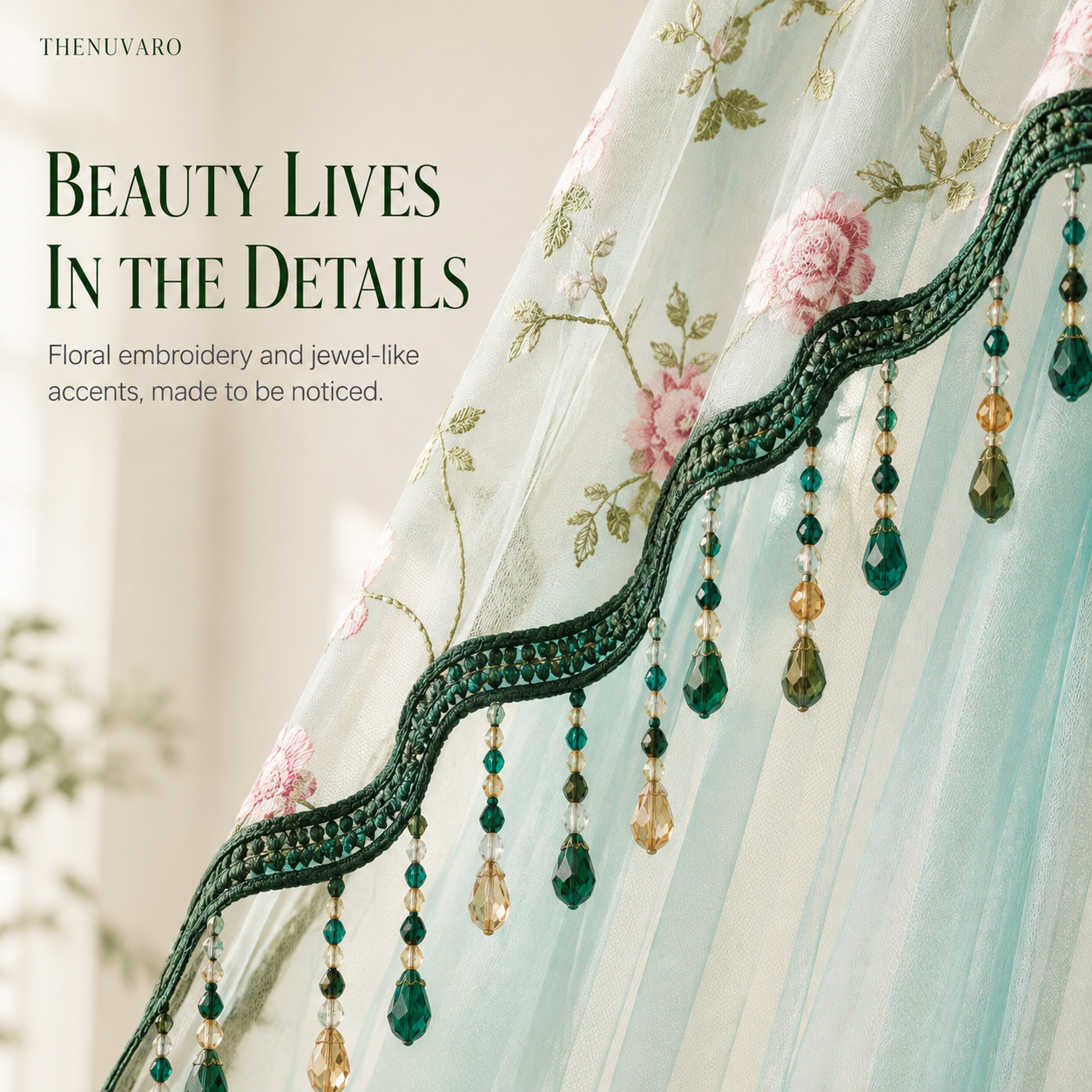 🎀 Extra-Wide Embroidered Beaded Doorway Curtain – Romantic Sheer Tie-Back Divider