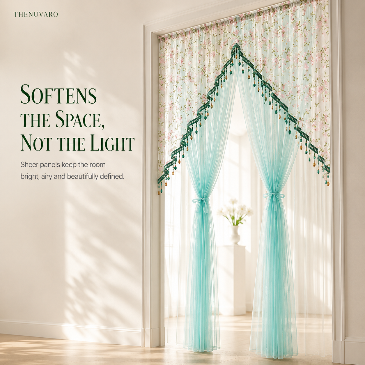 🎀 Extra-Wide Embroidered Beaded Doorway Curtain – Romantic Sheer Tie-Back Divider
